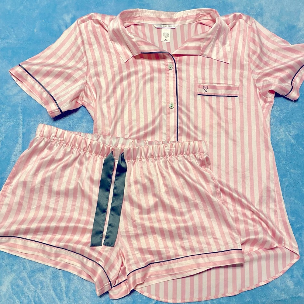 Victoria Secret Pink & White Striped Silk Pajama Shorts Set